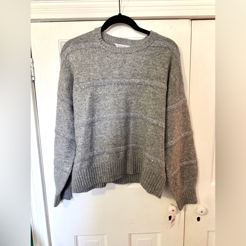 Metallic-Stripe Heather Gray Crewneck Sweater